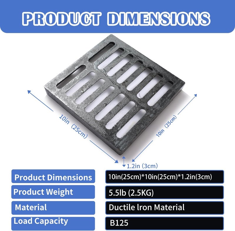 Facoba Cast Iron Drain Grate, 10 * 10in Outdoor Drain Cover, B125 Class Ductile Iron Channel Drainage Grates, Heavy Duty Sewer Grate,Black Square Drain Grate for Yard,Driveway,Concrete Floor. - Image 2